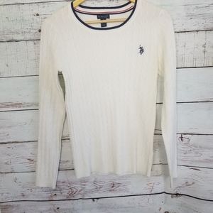 US Polo Assn. White Women's Tipped Soft Cable CrewNeck Sweater Size Small
